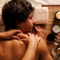 Man - recreation, rest, relaxation and massage The young Man on spa treatment - recreation, rest, relaxation and massage. Hygh angle view